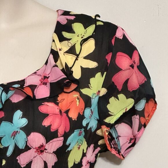 Vintage Funky Women Top XL Black Bright Floral Micro Pleat Crinkle Retro Mod Y2K - Picture 5 of 14
